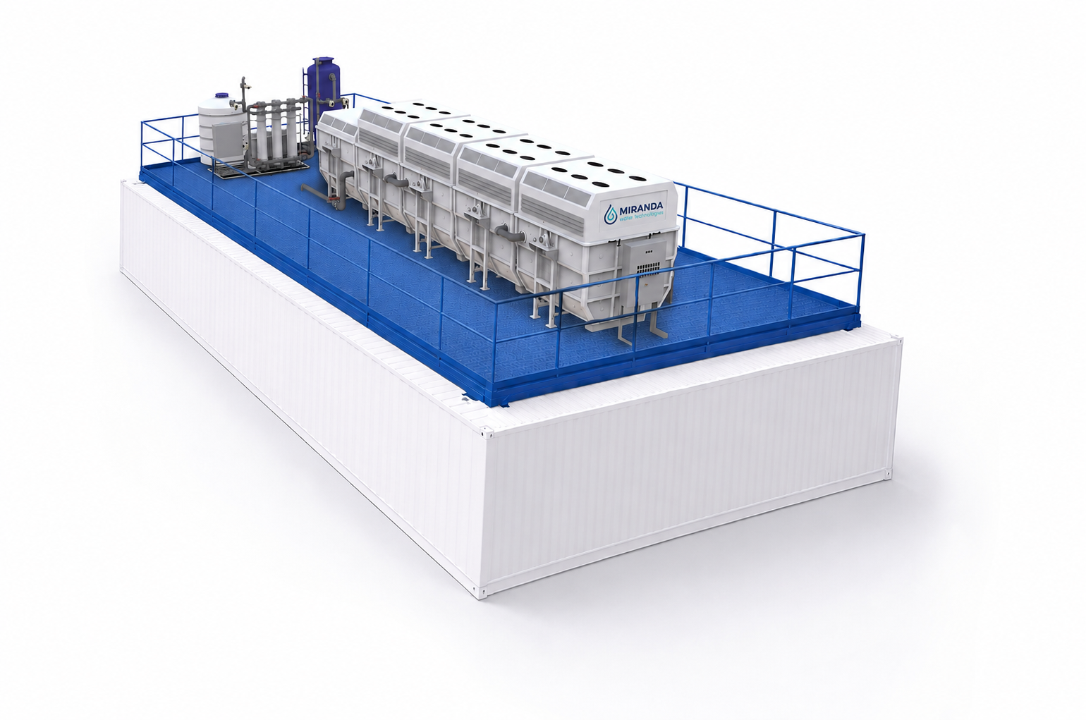 Render of a skid-mounted Miracell RBC treatment system: a row of enclosed rotating biological contactor modules on a railed platform above a container base.